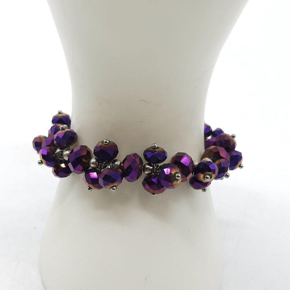 Purple Beaded Stretch Bracelet With Faceted Metallic Glass Beads Silver Accents